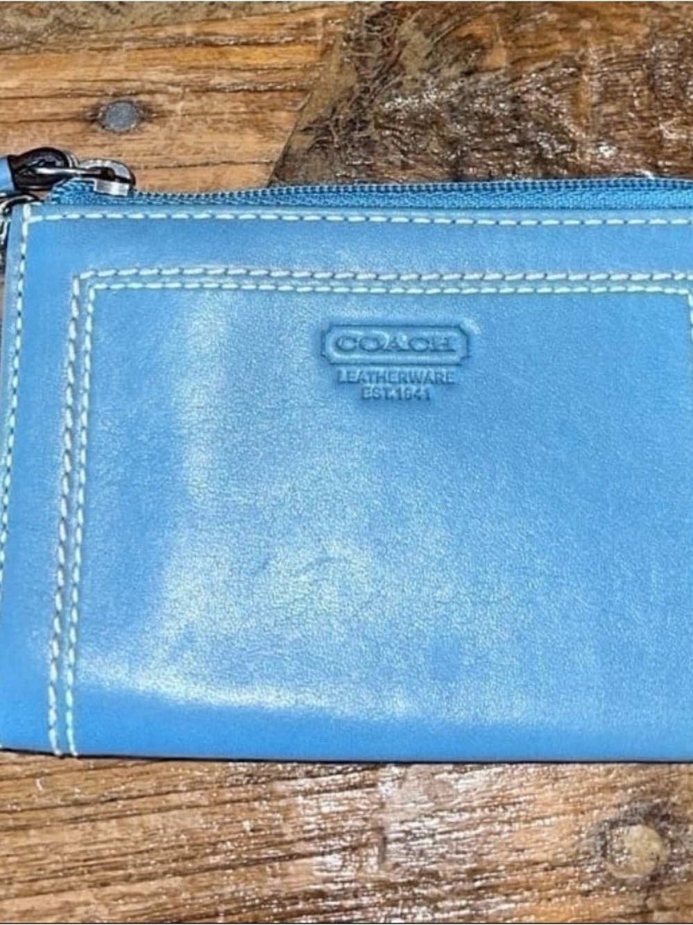 Coach Light Blue Leather Zip Card Case Vintage